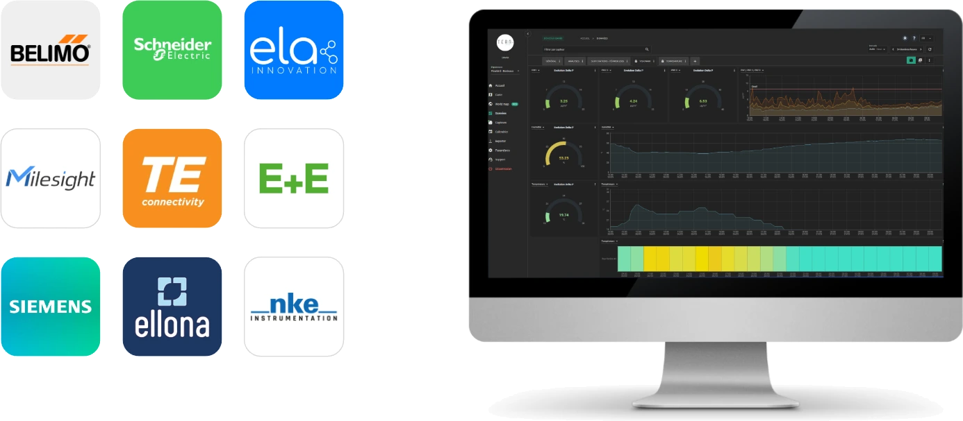 Belimo, Schneider Electric, ELA Innovation, Milesight, TE Connectivity, E+E, Siemens, Ellona et NKE remontent leurs mesures dans le tableau de bord TERA 360